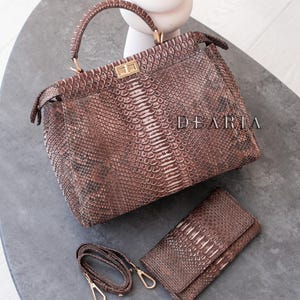 Python Leather Shoulder Bag - Luxury Top Handle Handbag - Brown Snakeskin Crossbody Purse