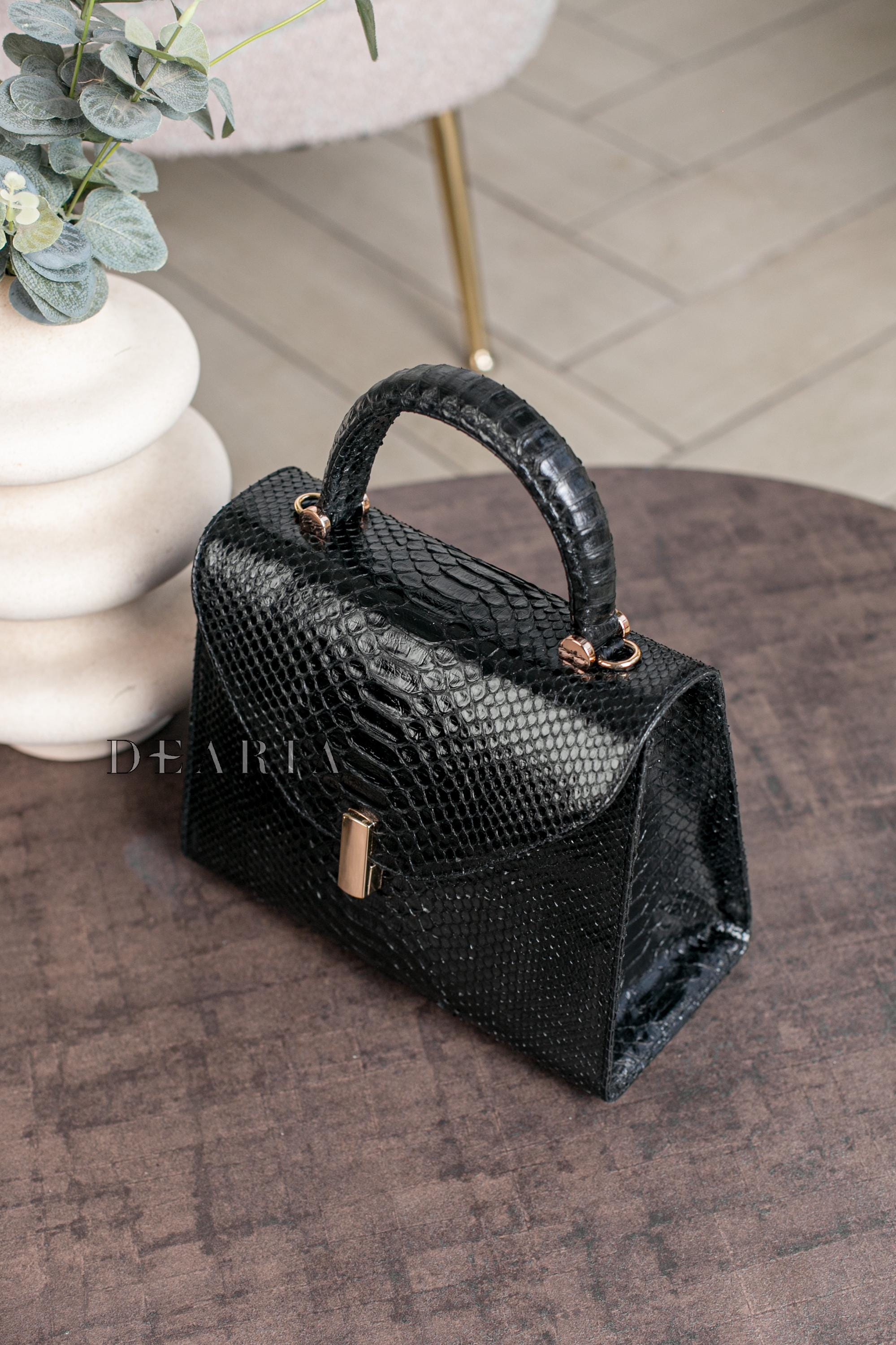 Black Python Leather Bag - Glossy Flap Crossbody Purse With Top Handle ...
