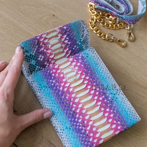 Rainbow Python Leather Phone Pouch: Slim Crossbody Bag with Gold Chain image 6