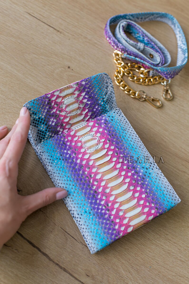 Rainbow Python Leather Phone Pouch: Slim Crossbody Bag with Gold Chain image 6