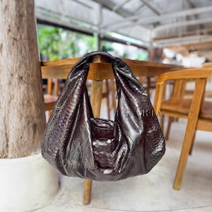 Genuine Python Hobo Bag, Dark Brown Snakeskin Oversized Shoulder Bag, Slouchy Exotic Leather Large Purse, Soft Luxury Women’s Handbag