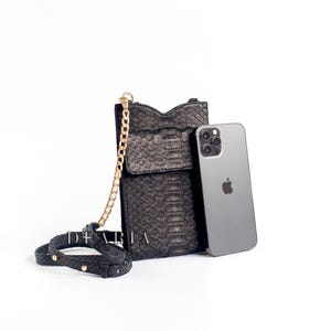 Rainbow Python Leather Phone Pouch: Slim Crossbody Bag with Gold Chain Black