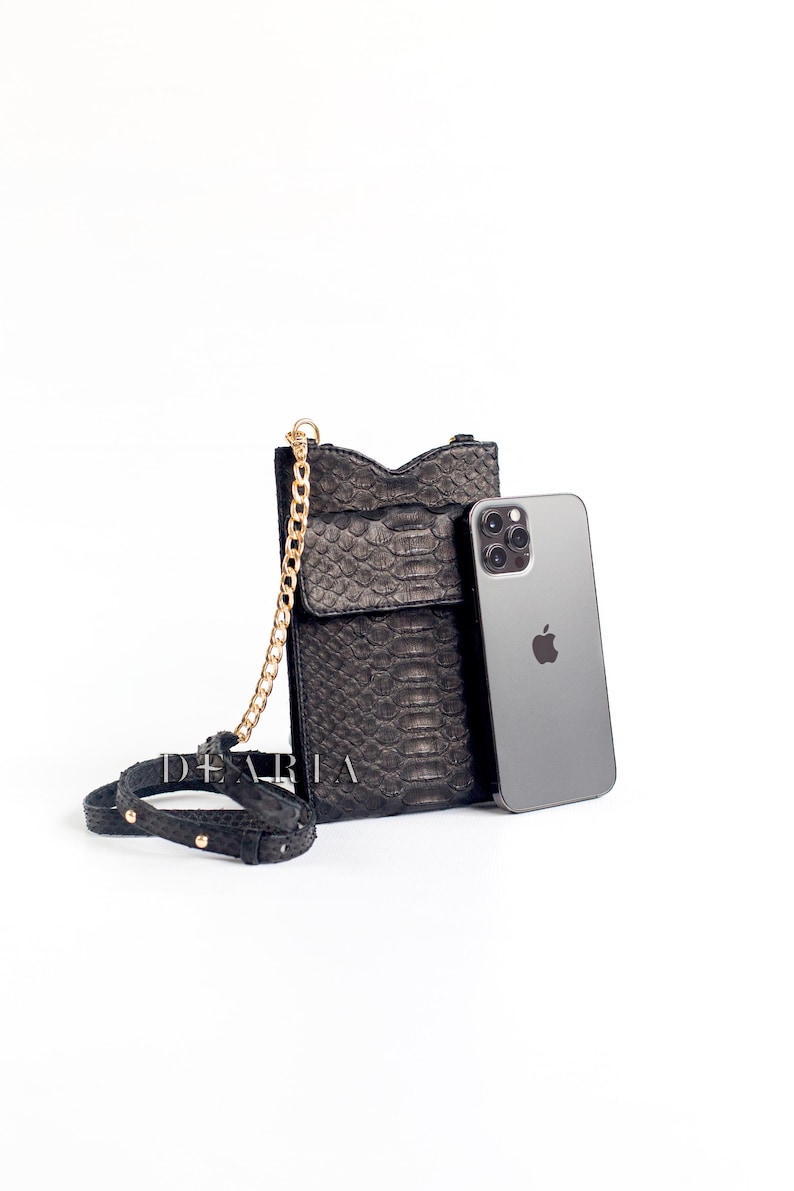 Rainbow Python Leather Phone Pouch: Slim Crossbody Bag with Gold Chain Black