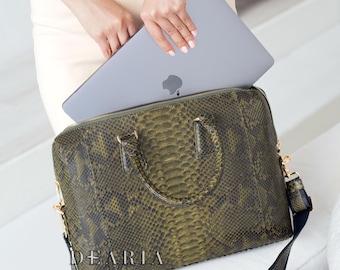 Genuine Python Leather Laptop Bag – Olive Green Snakeskin Slim Briefcase