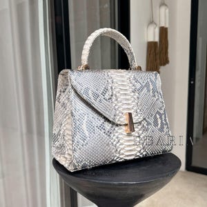 Genuine Python Leather Bag - Metallic Pearl Snakeskin Elegant Shoulder Purse with Top Handle