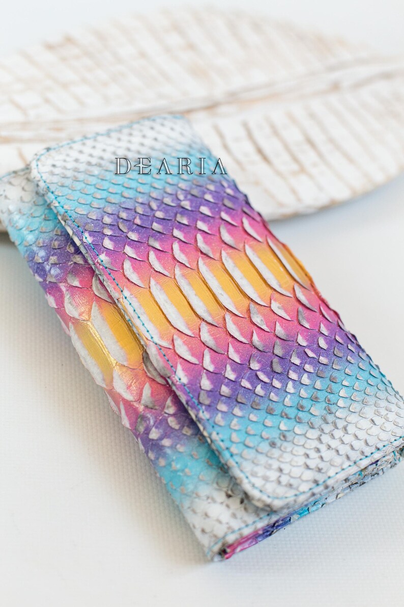colorful snakeskin long wallet for women closed flap detail