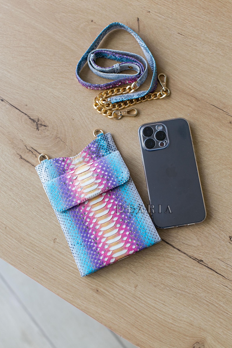 Rainbow Python Leather Phone Pouch: Slim Crossbody Bag with Gold Chain Rainbow as pic