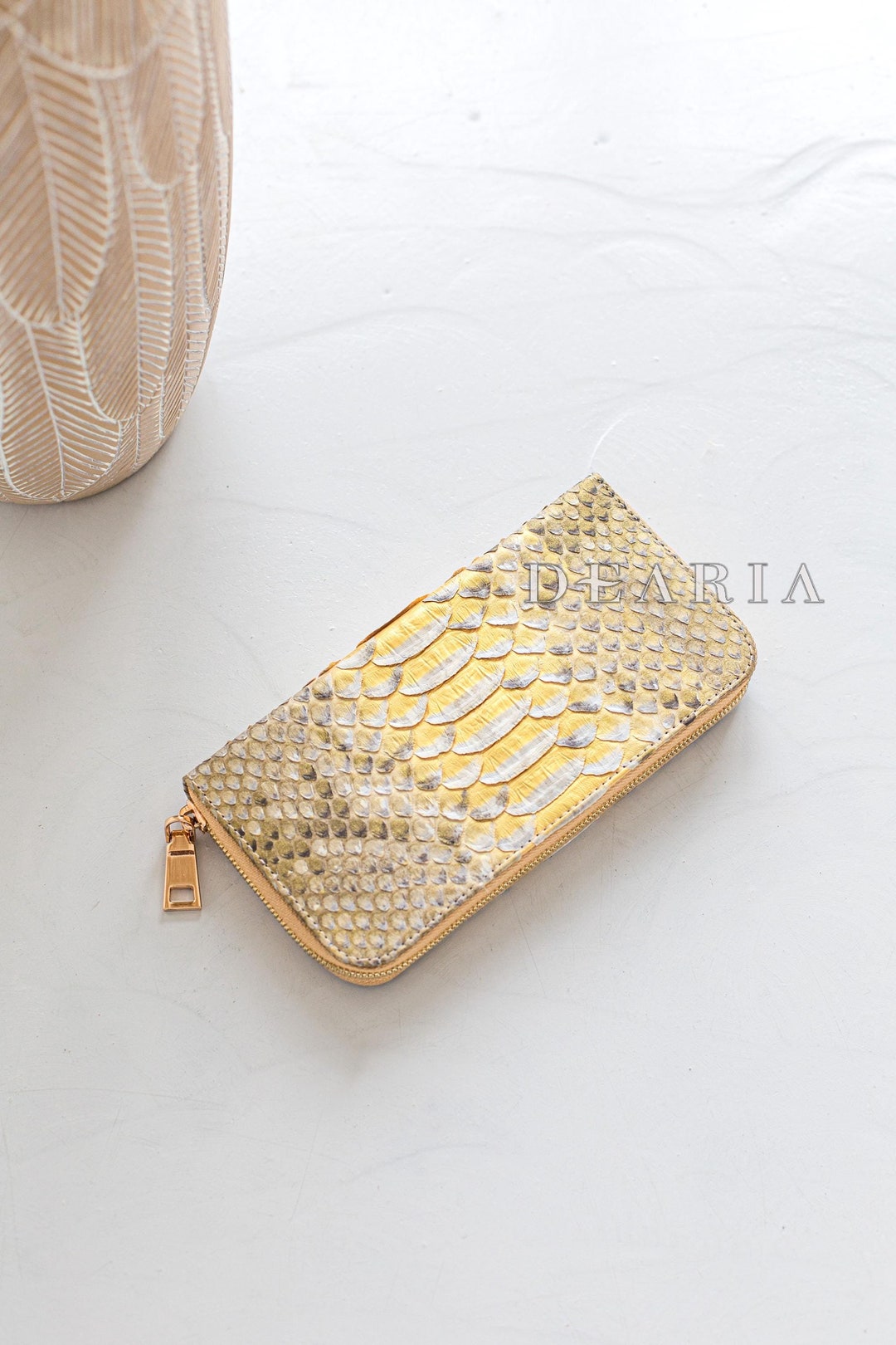 Gold Python Leather Zip Wallet for Women Luxury Long Snake Skin Wallet ...