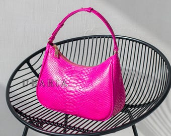 Hot Pink Schlangenleder Umhängetasche - Exotische Python Leder Baguette Tasche