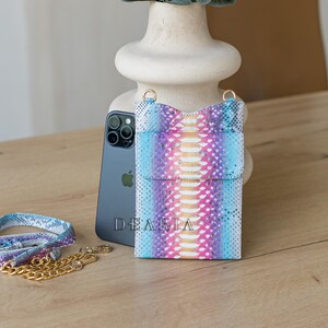 Rainbow Python Leather Phone Pouch: Slim Crossbody Bag with Gold Chain image 2