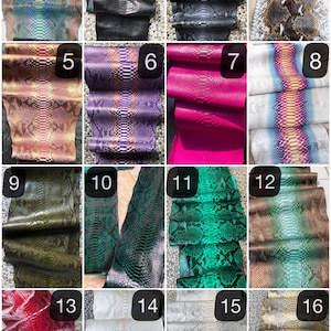 May include: A collection of sixteen rolls of faux snakeskin leather in various colors. The colors include black, green, pink, purple, and white. The leather has a textured, scaly appearance, and is suitable for crafting.