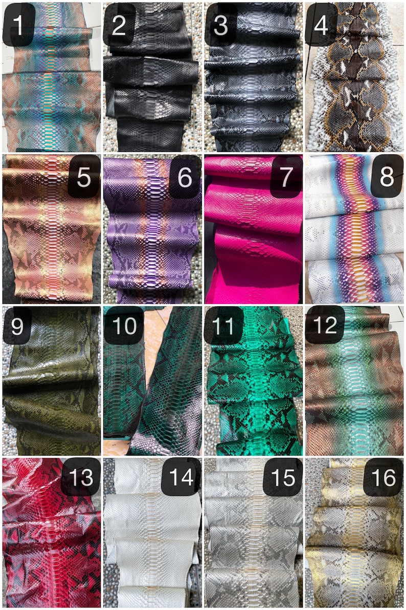 May include: A collection of sixteen rolls of faux snakeskin leather in various colors. The colors include black, green, pink, purple, and white. The leather has a textured, scaly appearance, and is suitable for crafting.