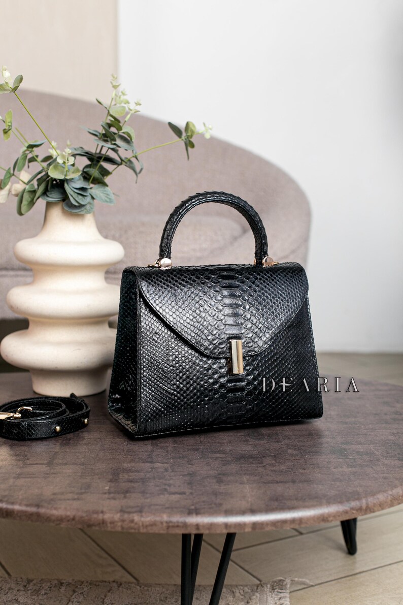 Black Python Leather Bag - Glossy Flap Crossbody Purse With Top Handle ...