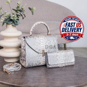 Pearl Python Leather Bag - Elegant Crossbody Purse with Top Handle
