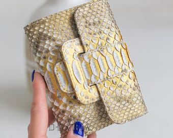 Gold Python Leather Compact Women’s Foldable Wallet with Snap Closure - Small Snakeskin Wallet