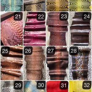 May include: A collection of various reptile skin samples, each with unique patterns and colors. The selection includes shades of green, brown, yellow, red, and pink. The samples are numbered from 17 to 32.