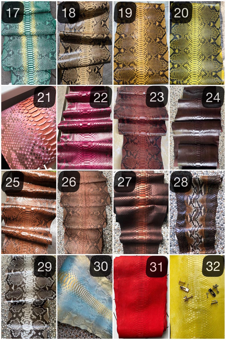 May include: A collection of various reptile skin samples, each with unique patterns and colors. The selection includes shades of green, brown, yellow, red, and pink. The samples are numbered from 17 to 32.