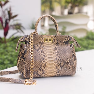 Bolso de piel de pitón para mujer - Bolso de hombro beige con asa superior - Bolsos cruzados de lujo - Bolso de piel de serpiente natural