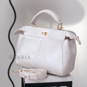 White Python Leather Top Handle Bag - Pearl Ivory Snakeskin Shoulder Purse for Women