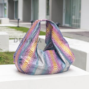 READY TO SHIP Pearl Python Leather Slouchy Bag - Real Snakeskin Shoulder Large Soft Tote Bag - Oversized Luxury Purse