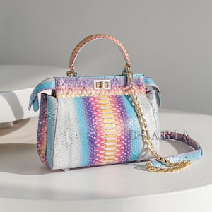 Bolso de piel de serpiente - Bolso de hombro multicolor con asa superior - Bolsos de lujo para mujer - Bolso artesanal de piel de pitón natural