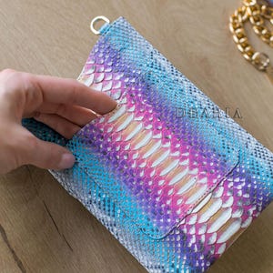 Rainbow Python Leather Phone Pouch: Slim Crossbody Bag with Gold Chain image 5