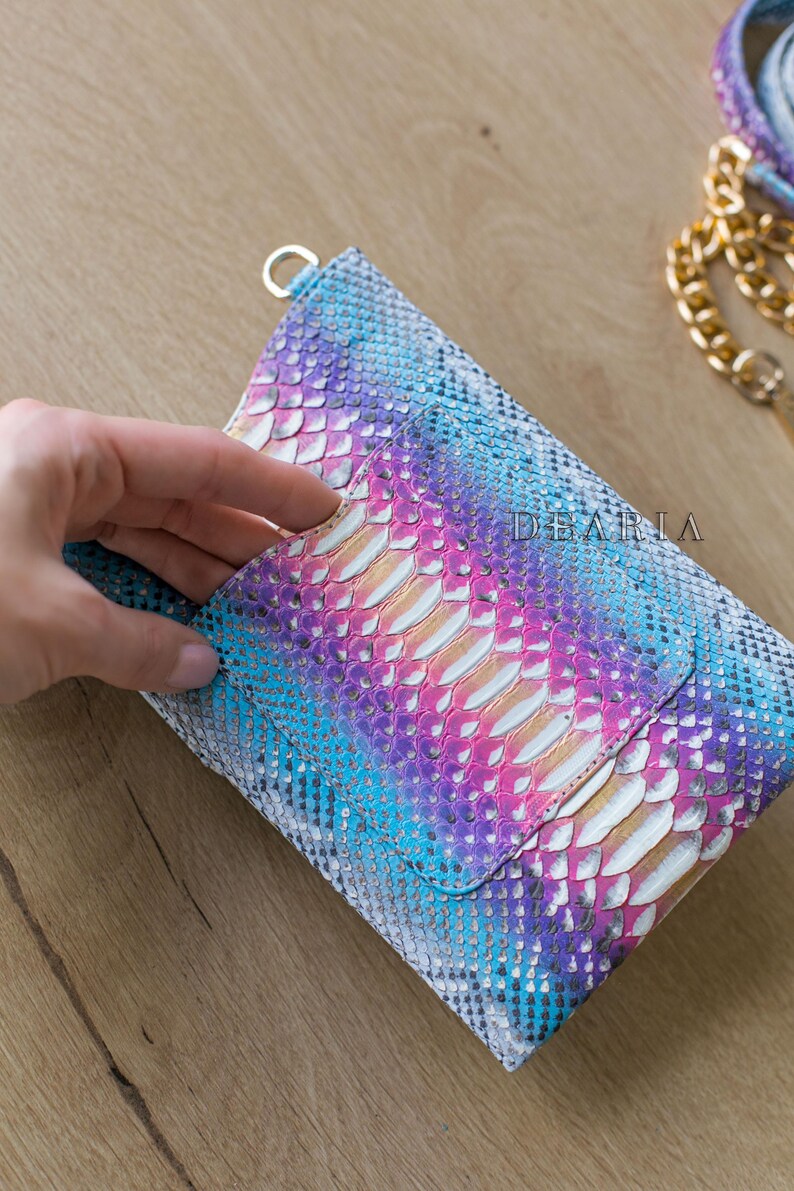 Rainbow Python Leather Phone Pouch: Slim Crossbody Bag with Gold Chain image 5