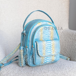 Könnte beinhalten: Ein kleiner, hellblauer Rucksack mit Schlangenmuster, Vordertasche und oberem Griff. Die Tasche hat eine passende Quaste und verstellbare Träger. Das Wort "DEARIA" ist auf der Vorderseite sichtbar.