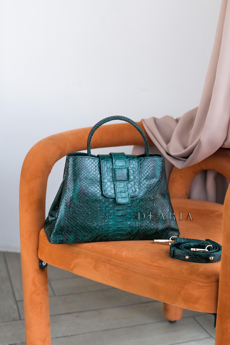 Emerald python leather tote bag with top handle, front view