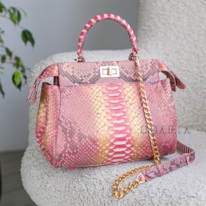 Bolso de piel de serpiente coral dorado - Bolso tote de piel exótica - Bolso de diseñador para mujer - Bolso bandolera de lujo - Elegante bolso de mano con asa superior