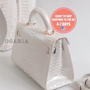 White Luxury Python Leather Top Handle Bag – Pearl Ivory Exotic Snakeskin Shoulder Crossbody Purse