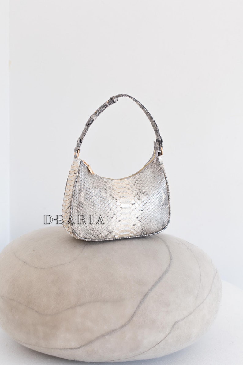 Luxury Snakeskin Baguette Shoulder Bag - Small Python Designer Purse - Exotic Skin Handbag - Trendy Chic Women's Bag - Compact Soft Leather Evening Bag