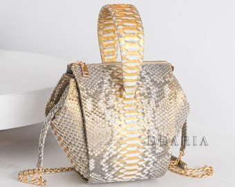 Python Designer Bag - Stylish Gold Wrist Purse - Luxury Snakeskin Handbag - Top Handle Unique Clutch Bag