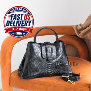 Black Python Leather Tote Bag - Snakeskin Large Shoulder Handbag