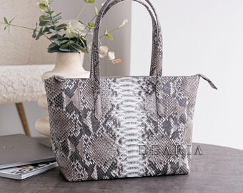 Soft Python Leather Tote Bag - Real Snakeskin Gray White Shoulder Bag - Everyday Luxury Handbag