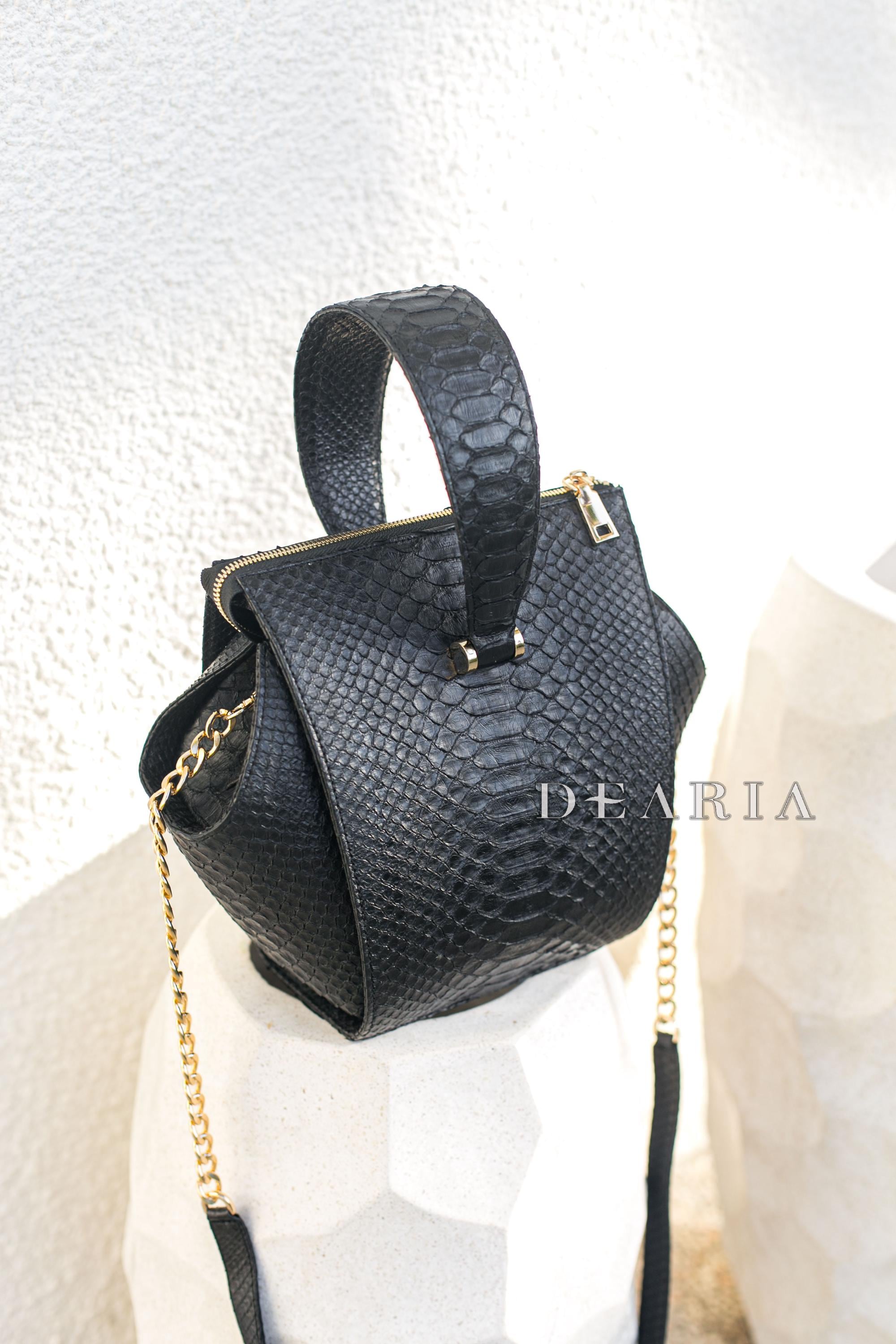 Luxury Python Leather Handbag – Unique Black Bag With Shoulder Strap ...