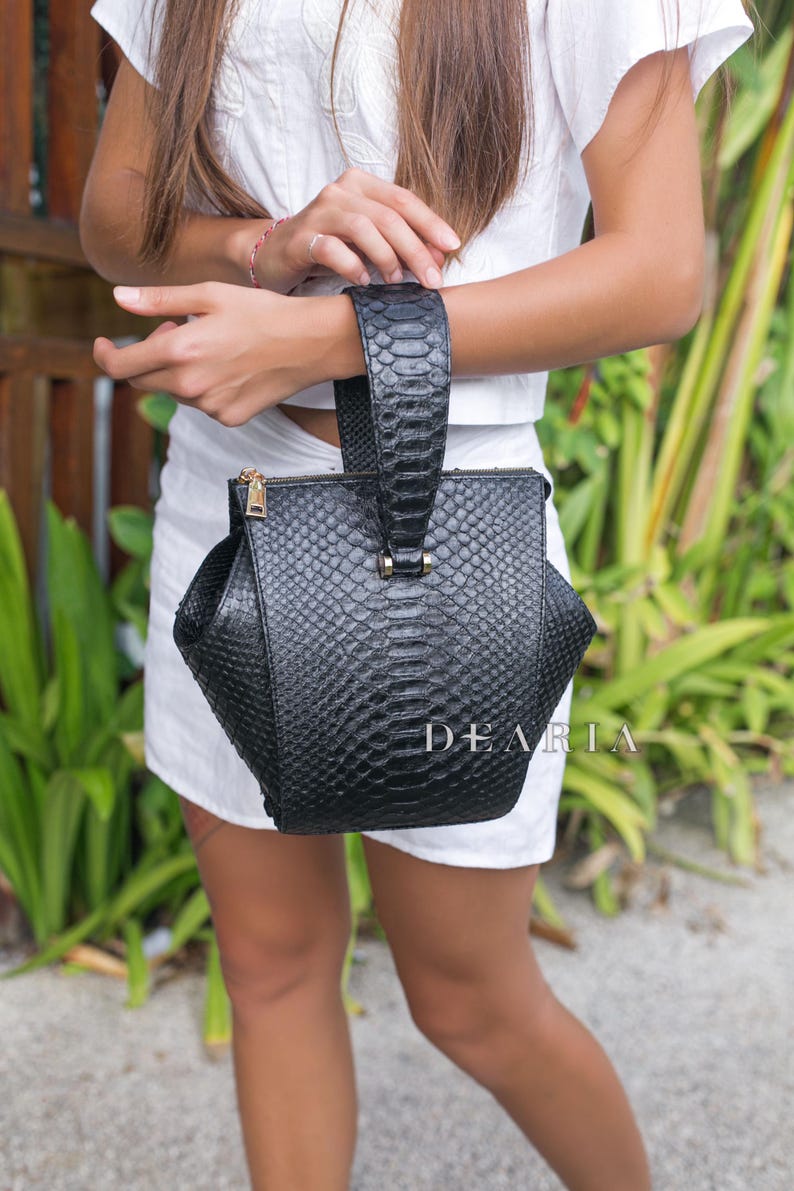 Luxury Python Leather Handbag – Unique Black Bag With Shoulder Strap ...