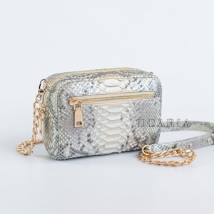 May include: A small, rectangular handbag with a snakeskin pattern and a gold chain strap. The bag has a zipper closure and a gold metal accent on the front.