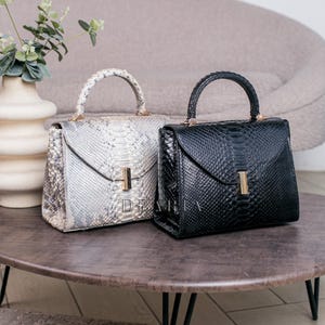 K&ouml;nnte beinhalten: Zwei Lederhandtaschen, eine in Schwarz und die andere in einem hellgrauen Schlangenmuster, stehen auf einem runden Tisch. Beide Taschen haben eine strukturierte Form, obere Griffe und goldfarbene Beschl&auml;ge. Die Taschen sind mit dem Text "DEMIA" beschriftet.