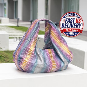 READY TO SHIP Pearl Python Leather Slouchy Bag - Real Snakeskin Shoulder Large Soft Tote Bag - Oversized Luxury Purse