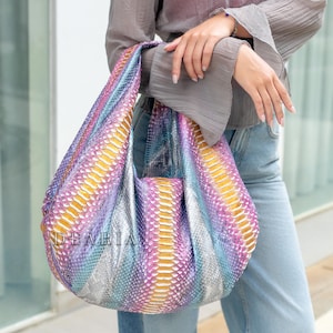 Large Python Leather Hobo Bag - Distressed Hobo Handbag - Soft Slouchy Shoulder Bag for Women – Rainbow Multicolor Exotic Snake Handbag