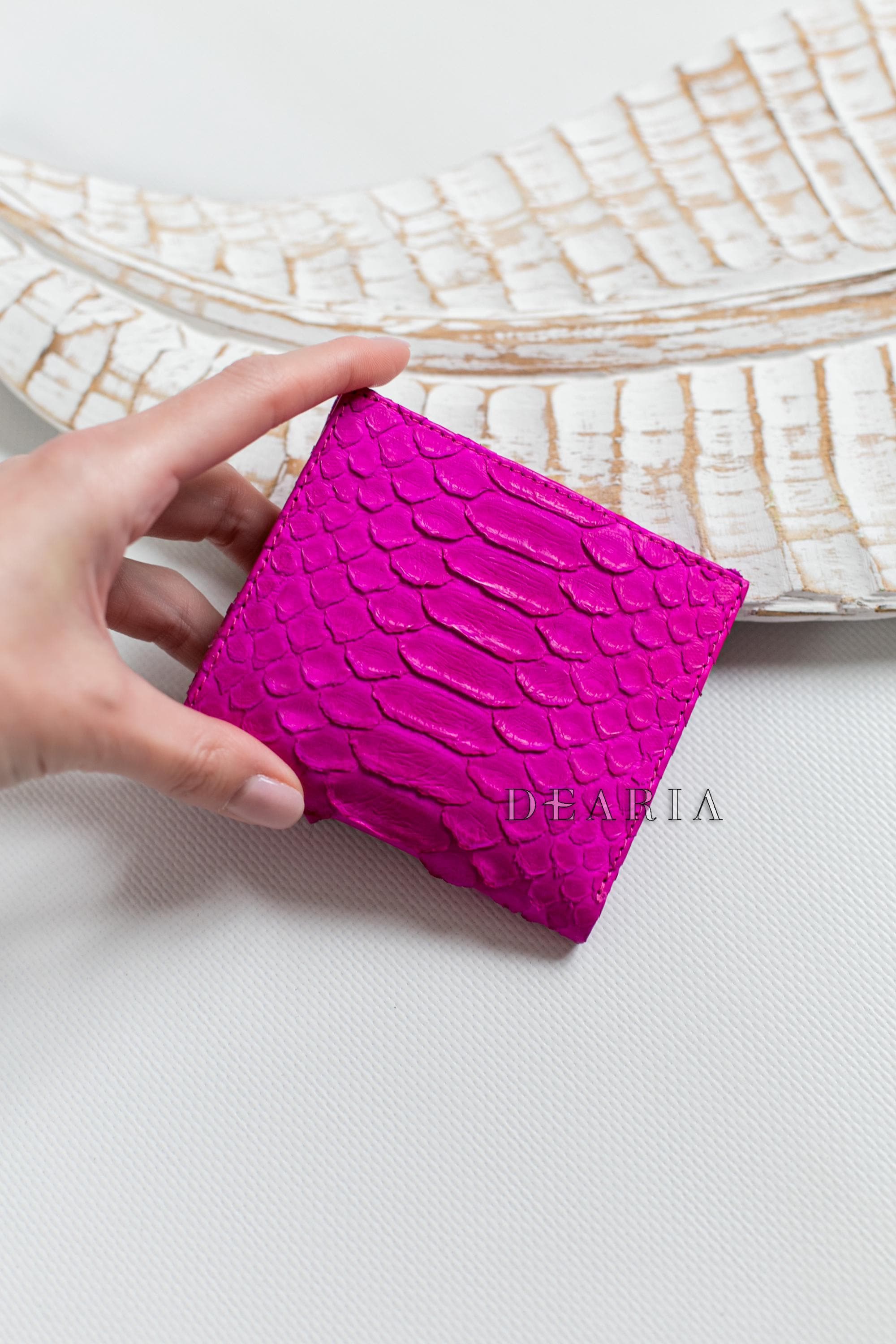 Hot Pink Python Skin Card Wallet - Slim Compact Bifold for  display picture 1