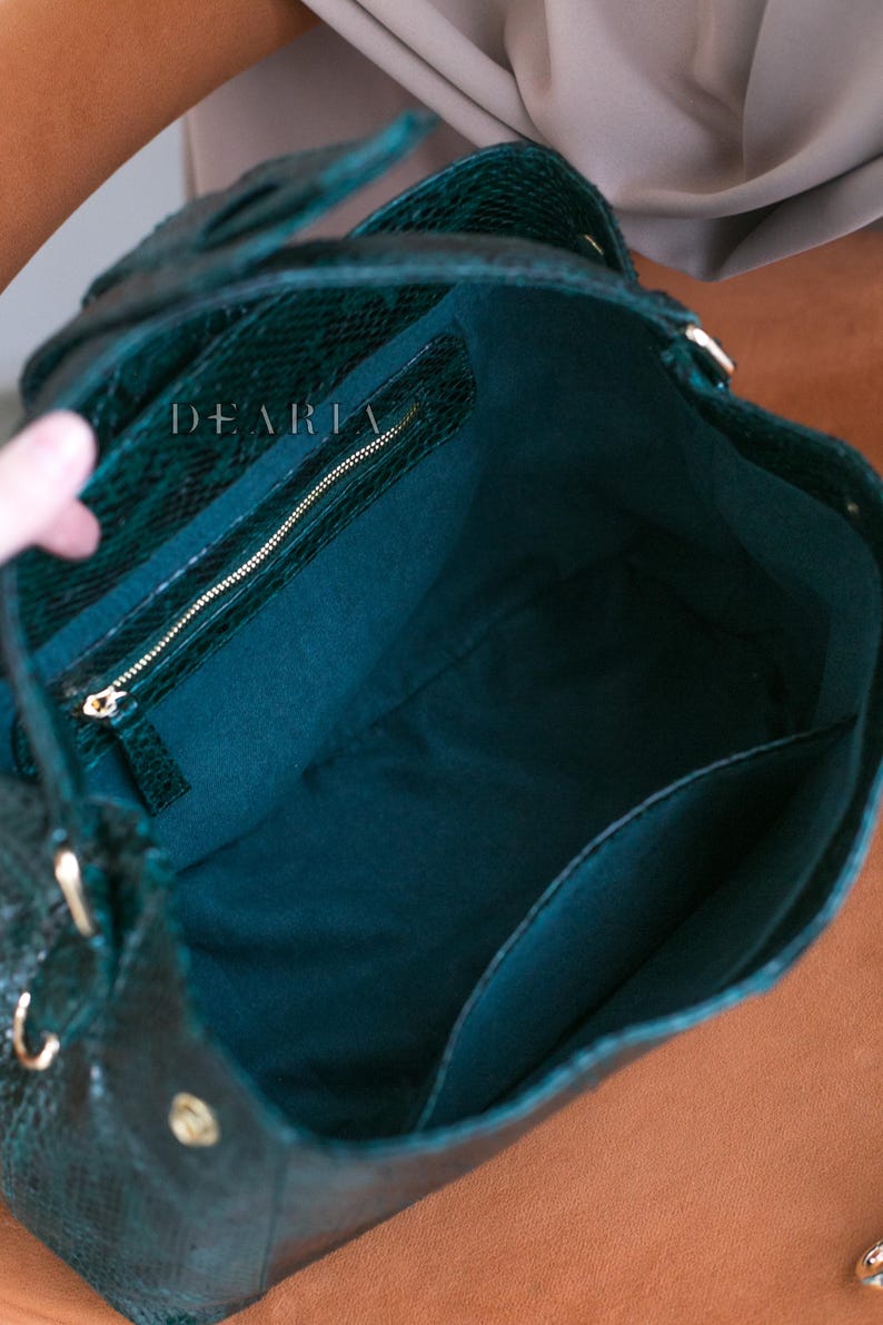 Interior view of spacious python leather tote bag