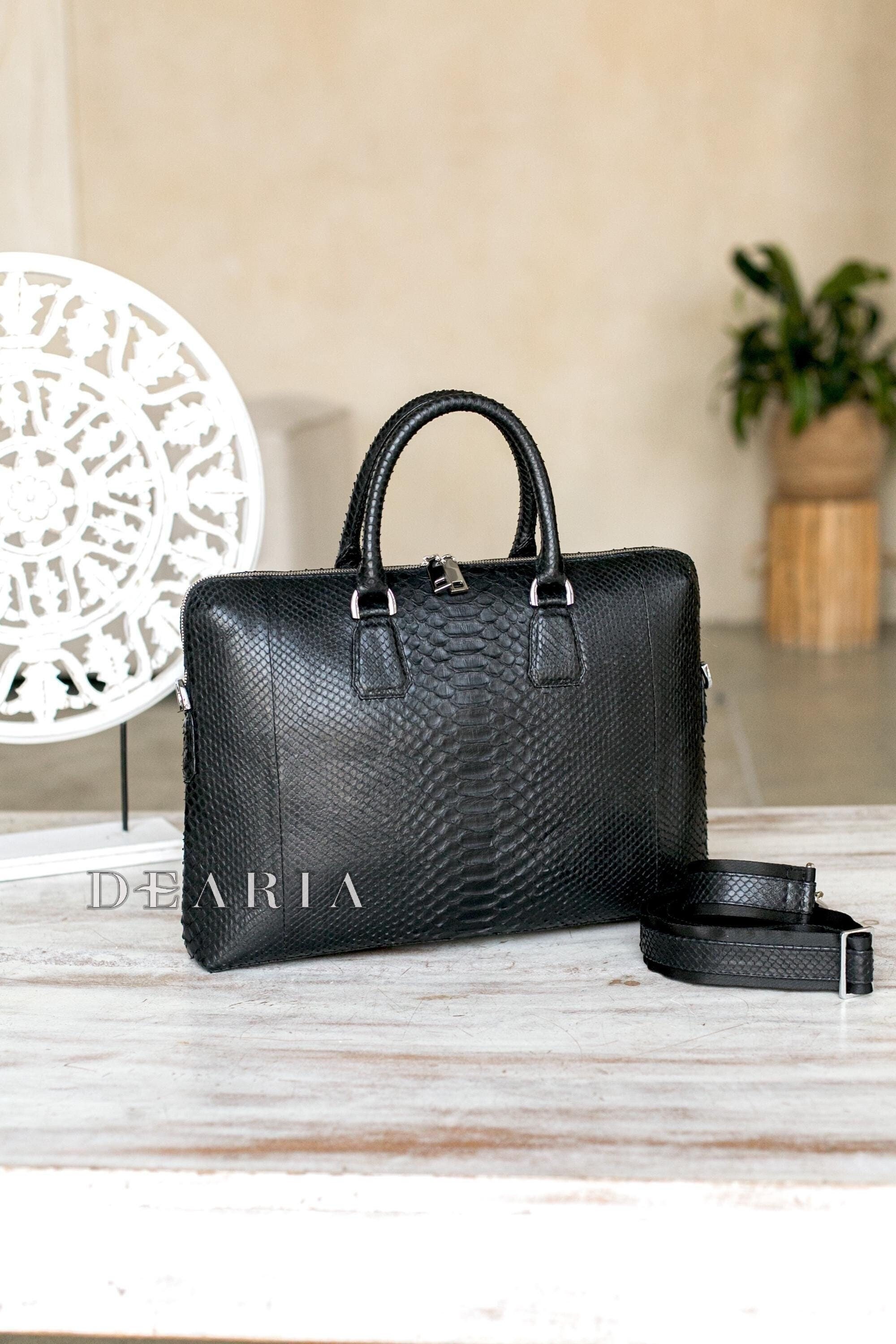 Python Leather Laptop Bag - Exotic Snakeskin Black Briefcase for Business & Documents