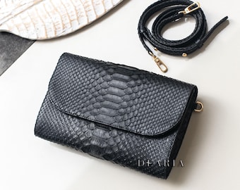 Black Python Leather Clutch - Snakeskin Crossbody Bag
