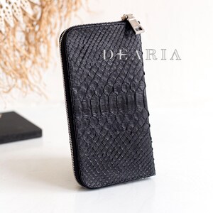 Cartera unisex de piel de pitón negra con cremallera - Piel exótica auténtica - Cartera de lujo de piel de serpiente negra para hombre y mujer - Estilo clutch