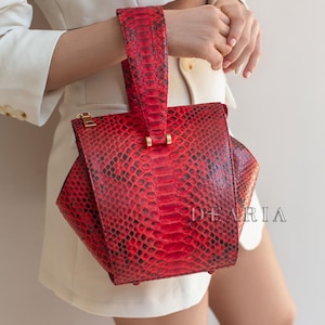 Python Leather Red Bag - Elegant Handbag for Women - Unique Exotic Leather Bucket Bag with Shoulder Strap - Designer Wrist Purse