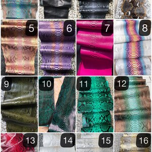 May include: Sixteen rolls of faux snakeskin leather in a variety of colours. The colours include black, green, pink, purple, and white. The leather has a textured, scaly appearance, and is suitable for crafting.
