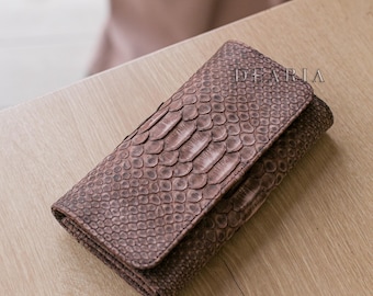 Lange portemonnee-clutch van pythonleer voor dames - portemonnee met klep van exotische slangenleer
