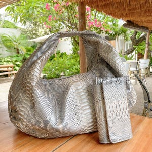 Pearl Python Leather Slouchy Bag - Real Snakeskin Shoulder Large Soft Tote Bag - Oversized Luxury Purse